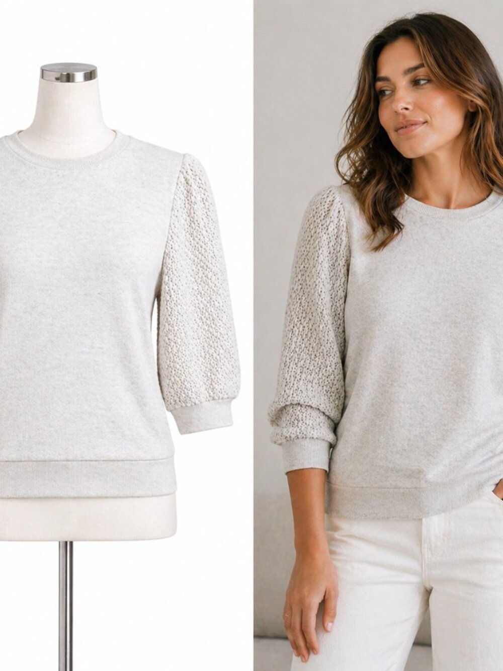 Splendid Puff Sleeve Textured Knit Sweatshirt Balloon Sleeve Pullover Cream Smal